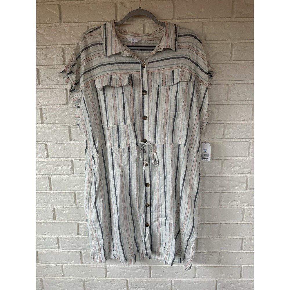 Time and Tru Striped Button Front Shirt Dress XXXL 22 Linen Look Tie Waist NWT